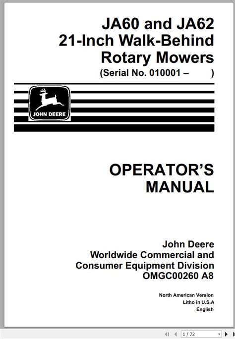 John Deere Walk Behind Rotary Mower Ja60 Ja62 21 Inch Operators Manual