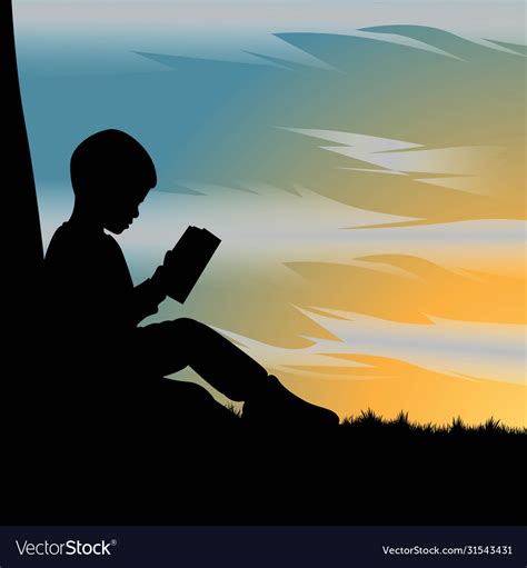 Silhouette Kid Reading A Book Under Tree Vector Image