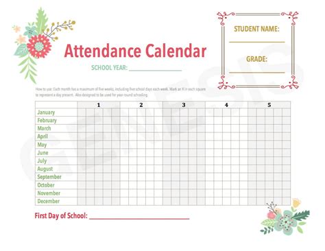 Attendance Calendar Homeschool Planner Pages By Genesisprintables