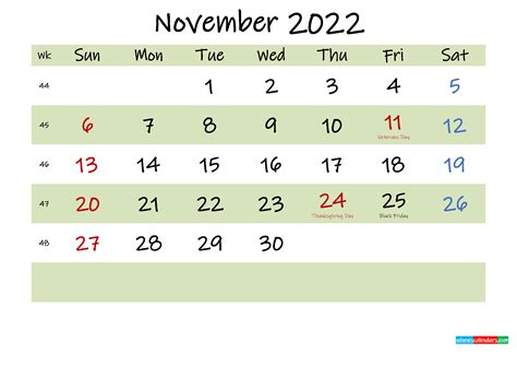 Free Printable November 2022 Calendar With Holidays Template K22m527