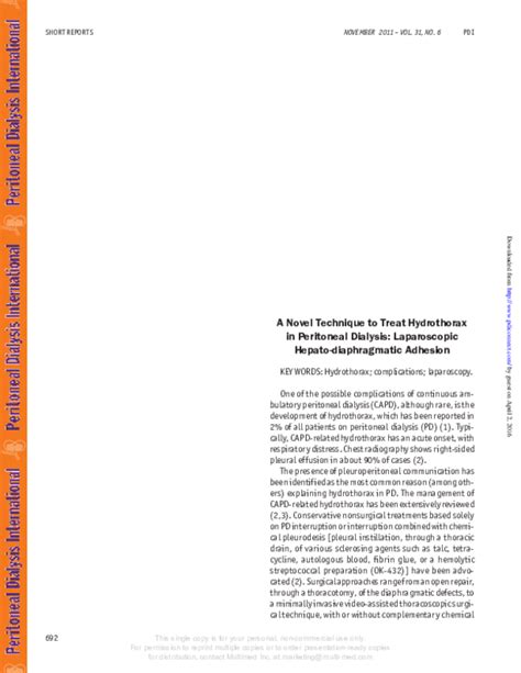 Pdf A Novel Technique To Treat Hydrothorax In Peritoneal Dialysis