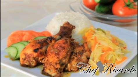 Jamaican Oven Baked Chicken Served With Rice Veg Recipes By Chef