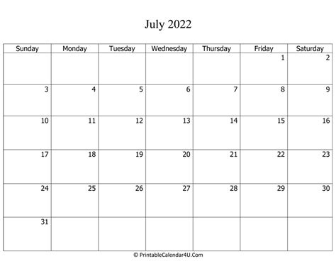 July 2022 Calendar Templates