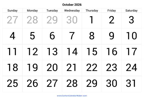 October 2026 Calendar Printable With Large Numbers