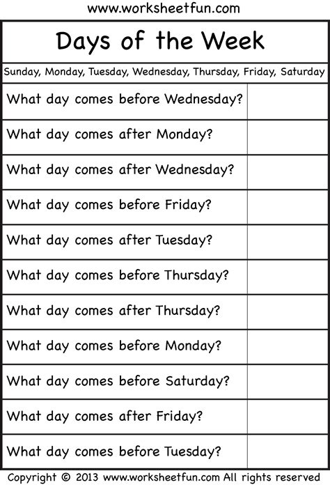 Worksheet Days Of Week