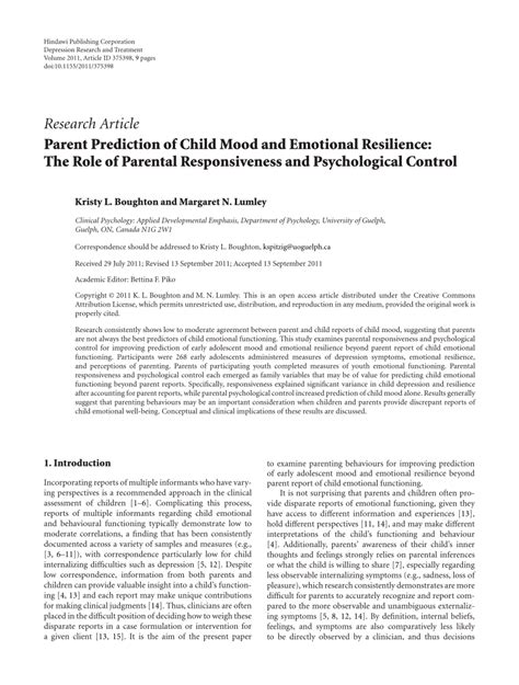 Pdf Parent Prediction Of Child Mood And Emotional Resilience The