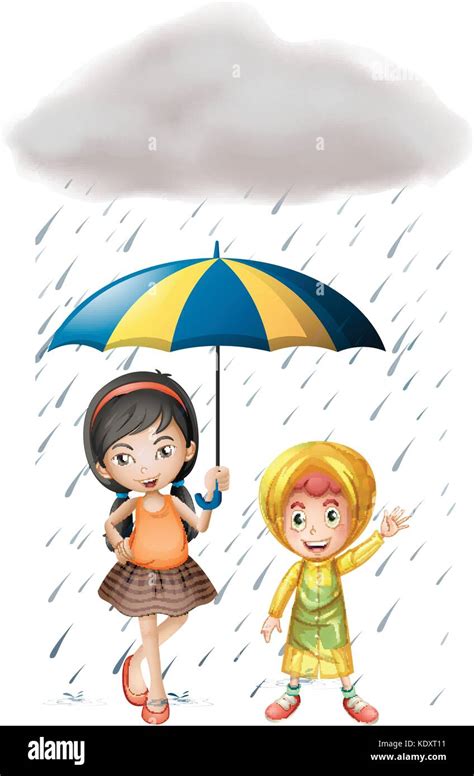 Two Kids With Umbrella And Raincoat In The Rain Illustration Stock