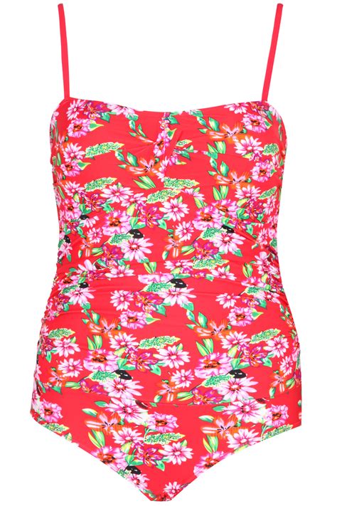 Red Floral Print Swimsuit With Tummy Control Plus Size 1618202224