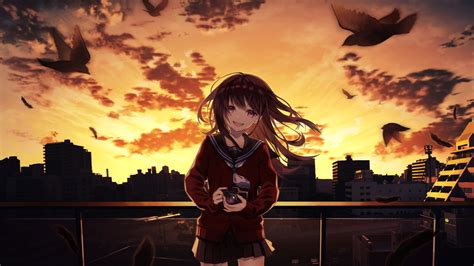 1920x1080 Smiling Anime Girl Taking Photographs Cityscape 4k Laptop