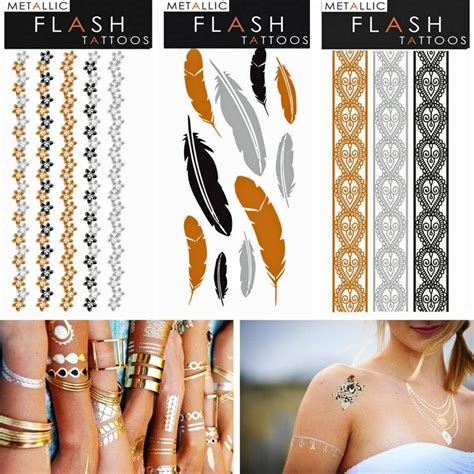 metallic jewelry gold silver and black design flash tattoos temporary bling 3