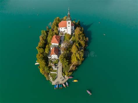Slovenia Famous Alpine Bled Lake And The Island From Drone View Stock