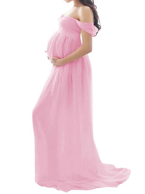 Lilylll Womens Pregnants Front Split Off Shoulder Maxi Maternity Dress