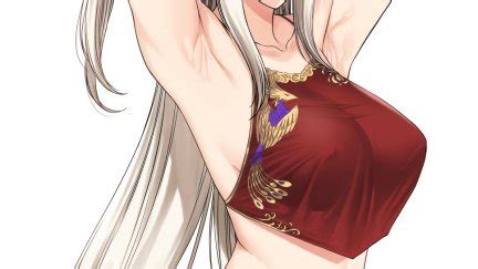 Ridiculously colored hair, extended legs and arms, a tiny mouth. Xtermination, arms up, white hair, armpits, belly, navels, arms behind head, anime girls ...