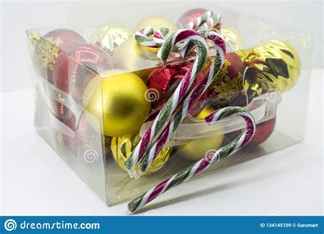 Box With Decorative Christmas Balls And Candy Canes Stock Image Image