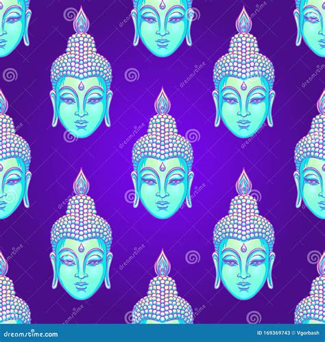 Sitting Buddha Over Colorful Neon Background Seamless Pattern Vector