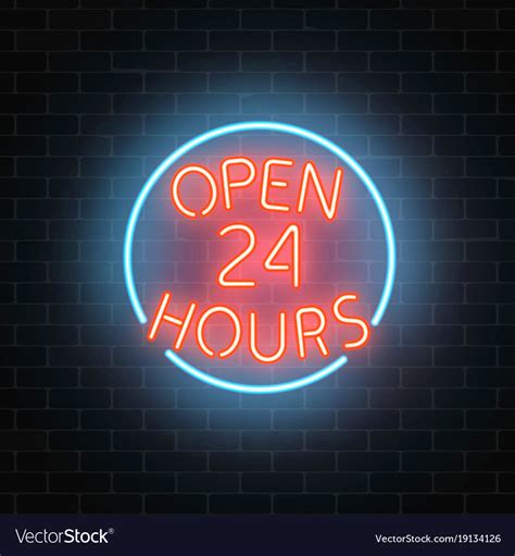 Neon Open 24 Hours Sign On A Brick Wall Royalty Free Vector