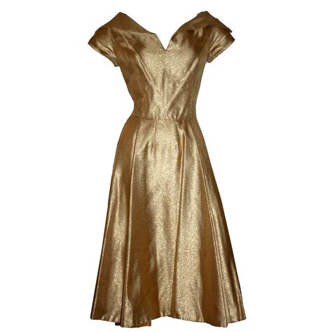 Wonderful 1950s Gold Metallic Vintage Cocktail Dress W Full Skirt For