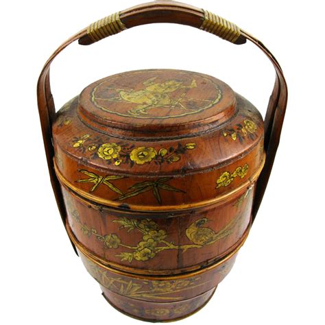 Early Chinese Treen, Bamboo & Lacquer Carrying Food/Picnic Basket, from boxes on Ruby Lane