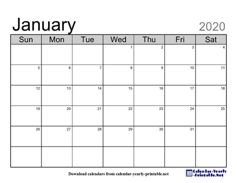 Calendar Year January 2020 Calendar Printables Free Templates