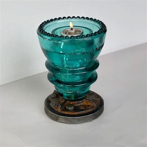 Insulator Votive Candle Holder W Cast Iron And Steel Base Blue Green