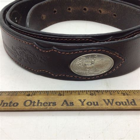 Browning Genuine Leather Belt Sz 44 Tooled Deer Brown 175” Bbe101002