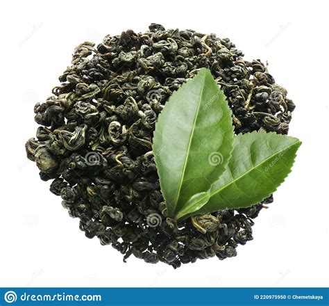 Dry Green Tea And Fresh Leaves On White Background Top View Stock