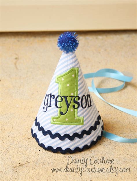 Boys First Birthday Party Hat Dapper Blue And White Stripes