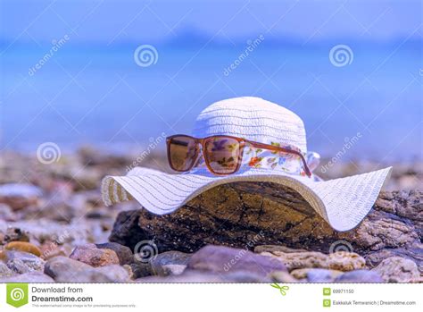 Hat And Sunglass On Timber The Beach Relax Summer Vacation Holiday