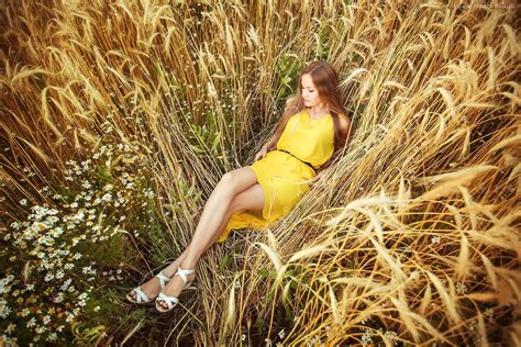 Wallpaper Sunlight Women Model Field Summer Dress Straw Yellow