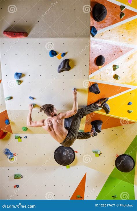 Young Man Climbing Challenging Bouldering Route Stock Image Image Of