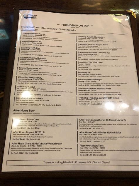 Menu at Friendship Brewing Company pub & bar, Wentzville
