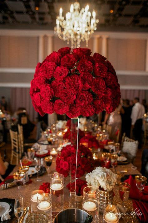 Tall Red Rose Wedding Centerpiece Gold Sequin Linen Red Rose Wedding