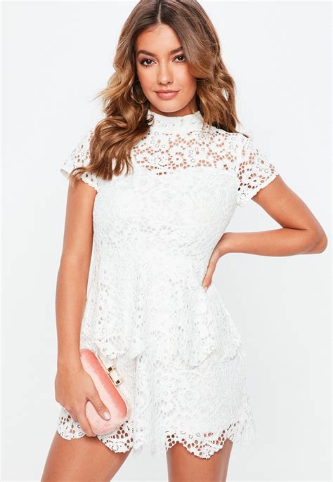 Petite White Short Sleeve Lace High Neck Dress | Missguided Australia