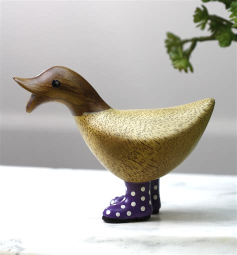 Wooden Duck With Purple Welly Boots Small Polka Dot Rain Boots