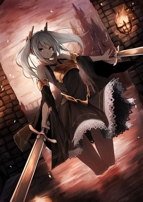 Anime Girl With Silver Hair And Red Eyes And Sword