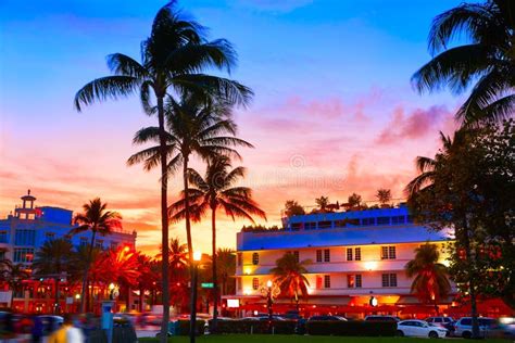 Miami South Beach Sunset Ocean Drive Florida Stock Image Image Of