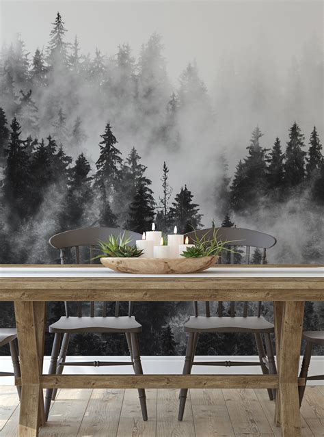 Morning Forest Fog Mural Wallpaper Black And White Extra Etsy Uk