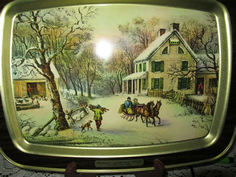 Vintage Currier Ives American Homestead Winter Tin Serving Tv Tray