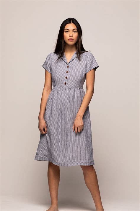 Model No 30 Cosette Stripe Linen V Neck Button Up Midi Length Dress — Pyne And Smith Clothiers
