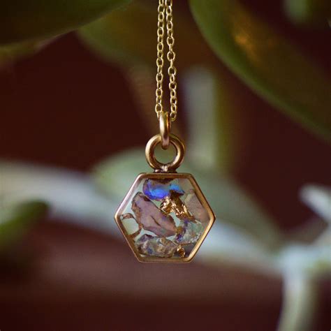 Ethiopian Raw Opal Gold Leaf Hexagon Inlay Necklace By Cameokojewelry