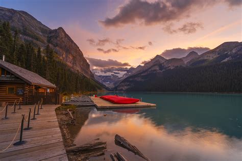 Lake Louise Boathouse Sunset Mountains Clouds Summer Storm Reflections