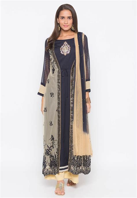 Buy Embroidered Georgette Jacket Style Pakistani Suit In Navy Blue Online Knf655 Utsav Fashion