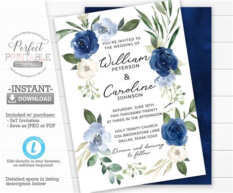 Navy Blue Wedding Invitation Template Light Blue Floral Etsy