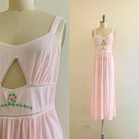 Vintage 60s Pink Night Gown Pink Embroidered Lace Nightie