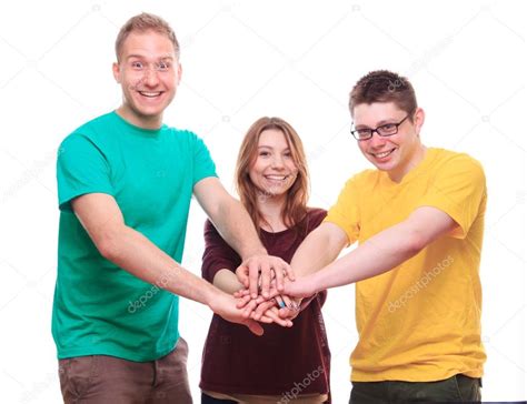 Three People Team Keeps On With Your Hands — Stock Photo