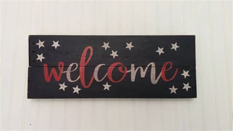 Red White And Blue Welcome Sign With White Tin Stars Etsy Welcome