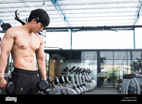 Young Man Lift Dumbbell In Gym Bodybuilder Male Working Out In Fitness