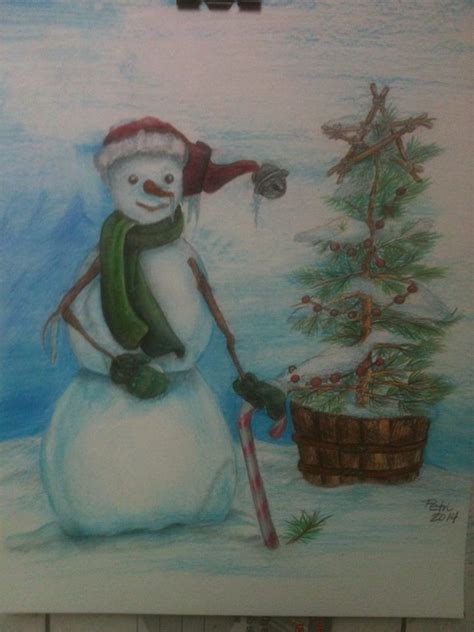 Original Colored Pencil Snowman Christmas Art Art