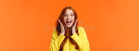 Excitement Emotions And Holidays Concept Waist Up Shot Cheerful Impressed And Excited Redhead