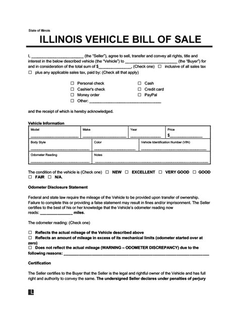 Free Illinois Motor Vehicle Bill Of Sale Form Word Pdf Eforms Free Illinois Motor Vehicle Bill